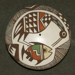 Mimbres bird, fish and fine line design on a polychrome seedpot