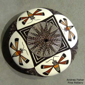 Fine line, dragonfly and geometric design on a Polychrome seed pot