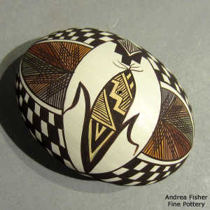 Ear of corn, fine line and geometric design on a polychrome oval seed pot