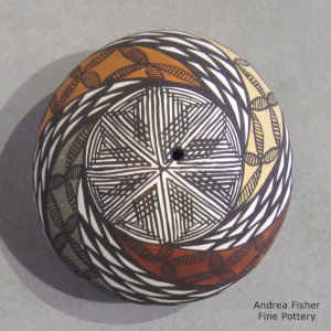 Snowflake fine line and geometric design on a miniature polychrome seed pot