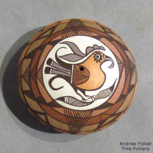 Parrot and geometric design on a miniature polychrome seed pot