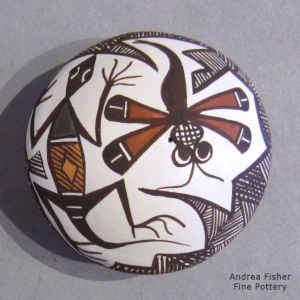 Dragonfly, lizard, fine line and geometric design on a polychrome seed pot