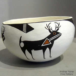 Deer, heart line and geometric design on a polychrome bowl