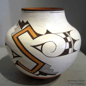 Bird element, kiva step and geometric design on a polychrome jar
