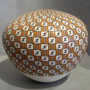 Geometric design on a large polychrome seedpot