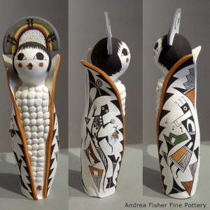 Kokopelli, lizard and geometric design on a polychrome corn maiden figure