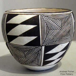 Fine line and geometric design on a black and white jar