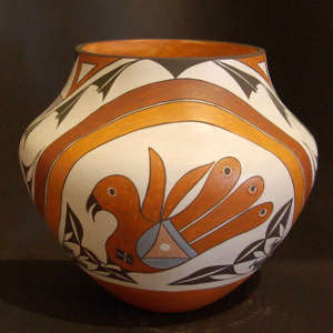 Parrot, rainbow, cloud and geometric designs on a polychrome olla