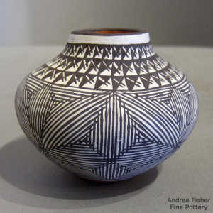 Black and white fine line and geometric design on a polychrome jar