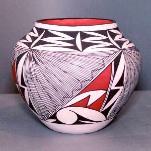 Fine line and geometric design on a polychrome jar