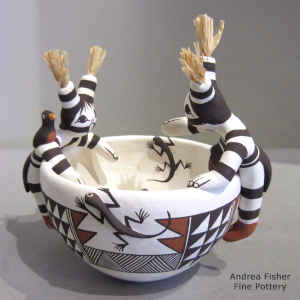 2 koshare children, lizards, birds, lady bugs and geometric design on a friendship bowl