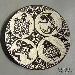Sgraffito Mimbres animal and geometric design on a black and white plate