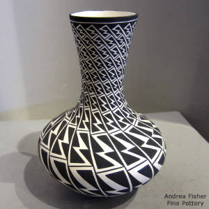 Swirl Mimbres lightning bolt designs decorate a tall neck black and white jar