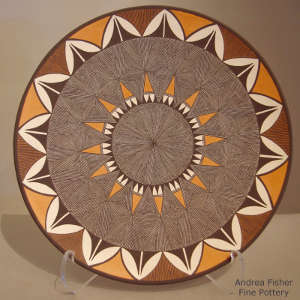 Fine line and geometric design on a polychrome plate