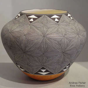 Fine line snowflake pattern and geometric design on a polychrome jar