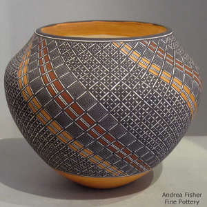 Fine line and swirl geometric design on a polychrome jar
