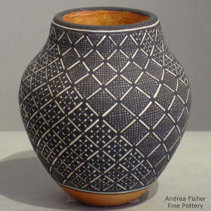 Fine line and geometric design on a polychrome jar