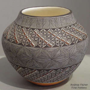 Fine line and geometric design on a polychrome jar