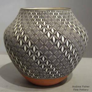 Fine line and geometric design on a polychrome jar
