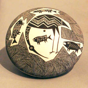 Mimbres-style bird and fish plus fine line geometric design on a black and white seedpot