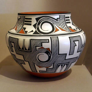 Click to see a larger version Fine line, rain, bird element and geometric designs on a polychrome olla