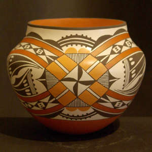 Cloud, rain, double rainbow, medallion and geometric design on a polychrome jar