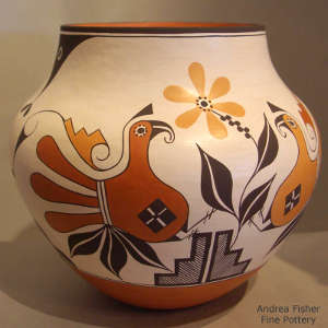 Flower, parrot and geometric design on a polychrome jar