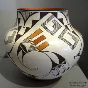 Fine line, bird element, kiva step and geometric design on a polychrome jar