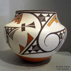 Cloud, rain, kiva step and geometric design on a polychrome jar