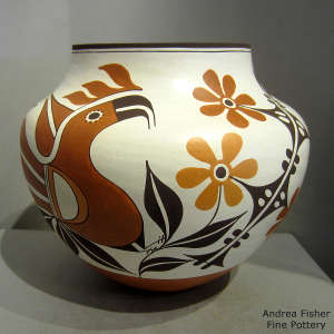 Parrot, flower and geometric design on a polychrome jar