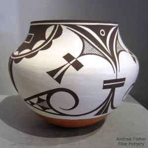Black and white rain cloud, bird element, rain and geometric design on a polychrome jar