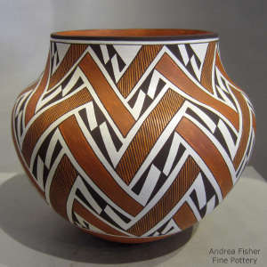 Interlocking lightning bolt, rain and geometric design on a polychrome jar