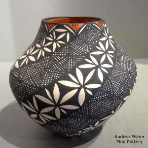 Spiral fine line and geometric design on a polychrome jar