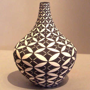 Geometric design on a tall neck black and white jar