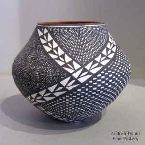Fine line, checkerboard and geometric design on a polychrome jar