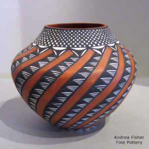 Checkerboard and spiral geometric design on a polychrome jar