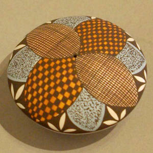 Geometric design on a polychrome seedpot