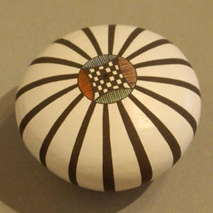 Geometric design on a polychrome seed pot