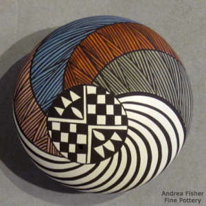 Swirl, fine line and geometric design on a polychrome seed pot