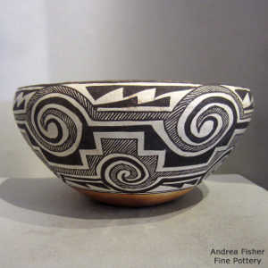 Black and white rain, kiva step, Tularosa spiral and geometric design on a polychrome bowl