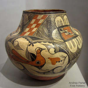 Bird and geometric design on a polyuchrome jar