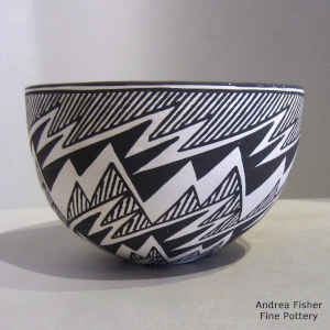 Rain and lightning bolt design on a black and white bowl