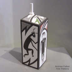 Mimbres animal, warrior and dancer figures on a polychrome square lidded jar