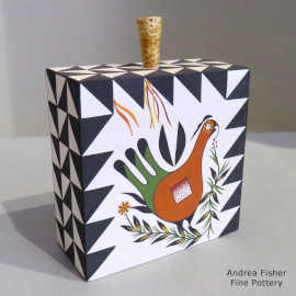 Parrot, branch and geometric design on a square polychrome flask