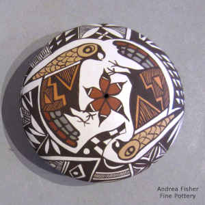 Bird and geometric design on a miniature polychrome seed pot