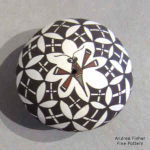 Dragonfly and geometric design on a miniature polychrome seed pot