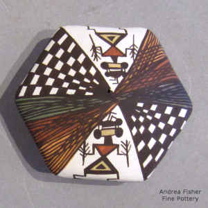 Mimbres dancer, fine line and geometric design on a polychrome hexagonal seed pot