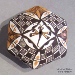 Dragonfly and geometric design on a miniature hexagonal polychrome seed pot