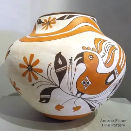 Polychrome jar with a 3-panel parrot, rainbow, flower and geometric design