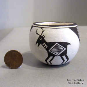 Mimbres deer and geometric design on a miniature black-on-white bowl